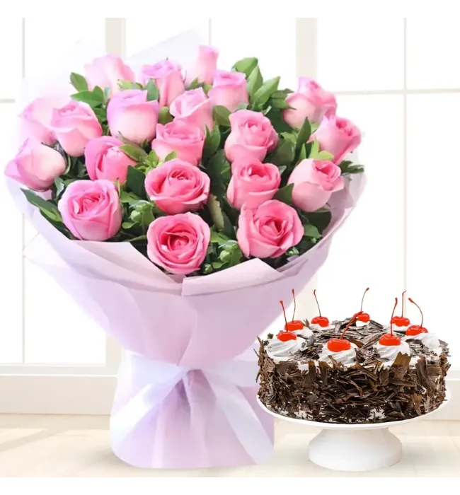 20 Pink Roses & 1/2 Kg Black Forest Cake