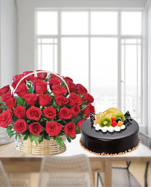 40 Roses Basket with Chocolate Fruit Cake
