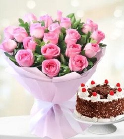  20 Pink Roses & 1/2 Kg Black Forest Cake
