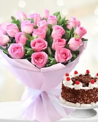  20 Pink Roses & 1/2 Kg Black Forest Cake