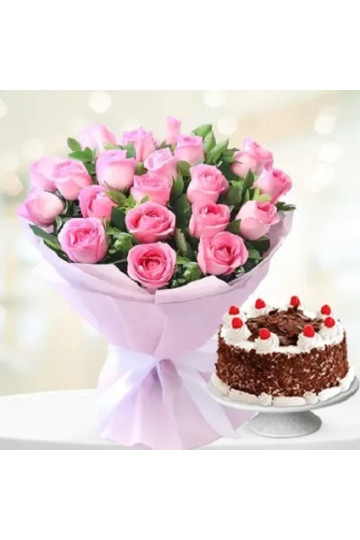  20 Pink Roses & 1/2 Kg Black Forest Cake