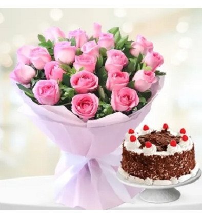  20 Pink Roses & 1/2 Kg Black Forest Cake