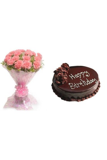 Pink Carnations And Chocolate Cake Combo