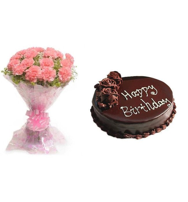 Pink Carnations And Chocolate Cake Combo