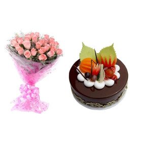 Pink Roses And Chocolate Cake Combo Pink Roses And Chocolate Cake Combo
