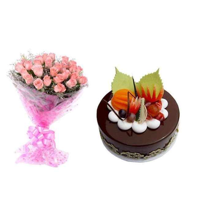 Pink Roses And Chocolate Cake Combo