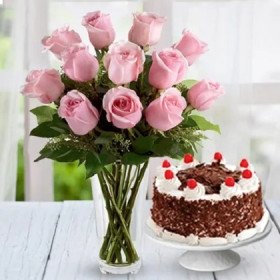 Pink Roses n Black Forest Cake Combo Pink Roses n Black Forest Cake Combo