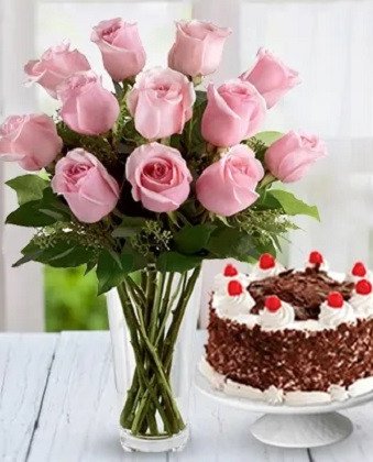 Pink Roses n Black Forest Cake Combo