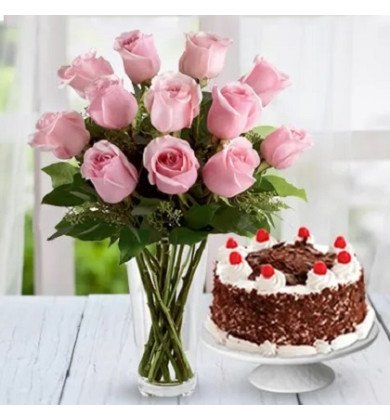 Pink Roses n Black Forest Cake Combo