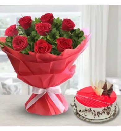 Red Roses n Strawberry Cake