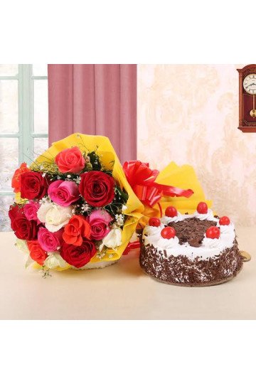 12 Mix Roses Hand Bouquet with Cake