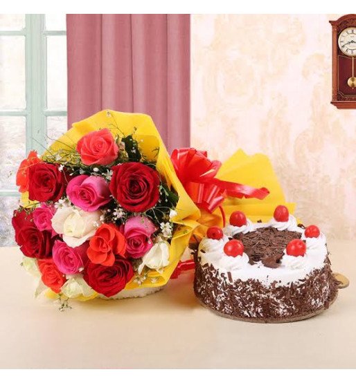 12 Mix Roses Hand Bouquet with Cake