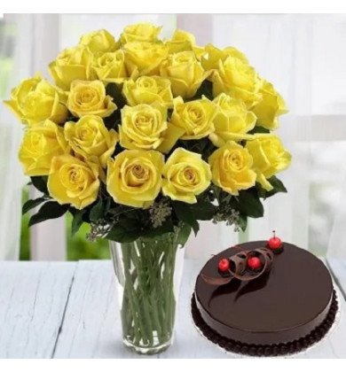 Yellow Roses Vase N Cake