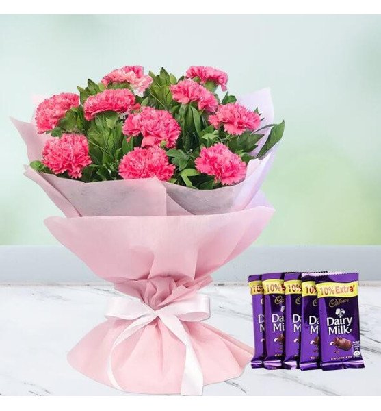 Pink Carnations And Chocolate Combo