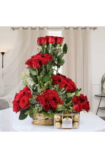 50 Red Roses Basket n Rocher Combo