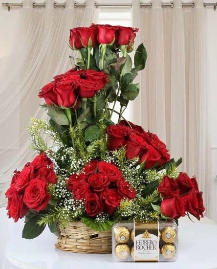 50 Red Roses Basket n Rocher Combo