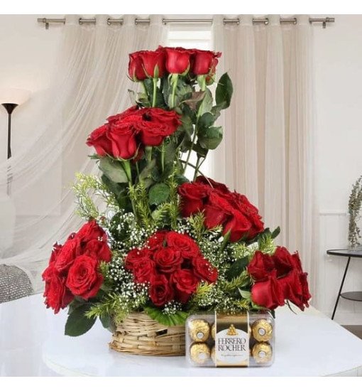 50 Red Roses Basket n Rocher Combo