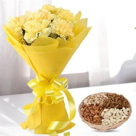 12 Yellow Carnations with One kg Dry fruits Basket 12 Yellow Carnations with One kg Dry fruits Basket