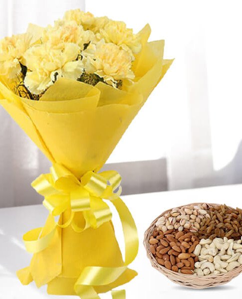 12 Yellow Carnations with One kg Dry fruits Basket