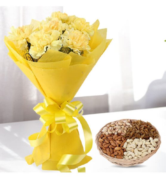 12 Yellow Carnations with One kg Dry fruits Basket