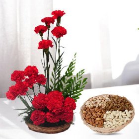 Carnations Basket Arrangement with 1Kg Dry Fruits Basket Carnations Basket Arrangement with 1Kg Dry Fruits Basket