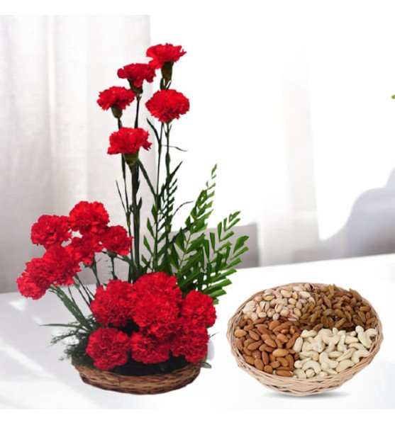 Carnations Basket Arrangement with 1Kg Dry Fruits Basket