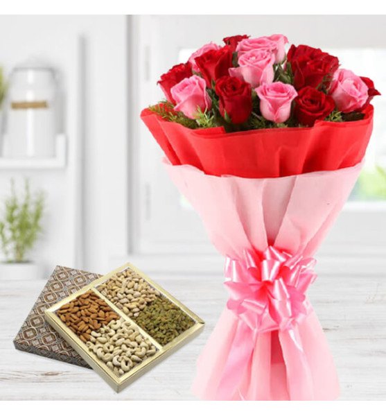 20 Roses Bouquet with Dry Fruits Box