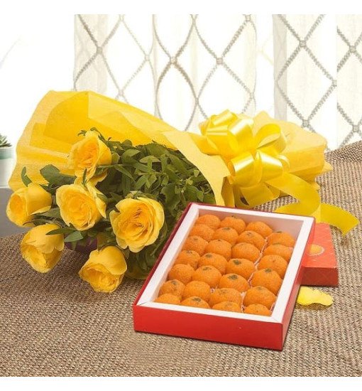 10 yellow roses with 1/2 Kg Motichoor laddu