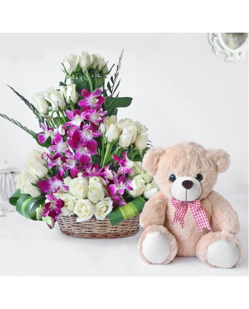 White Roses with Orchids n Teddy Combo