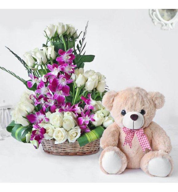 White Roses with Orchids n Teddy Combo