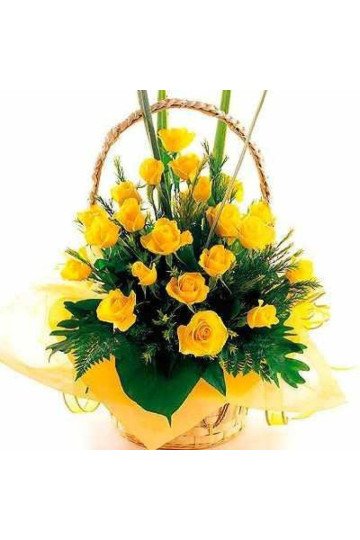 30 yellow roses round basket