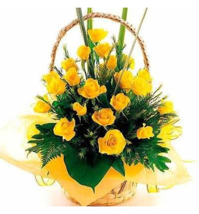 30 yellow roses round basket