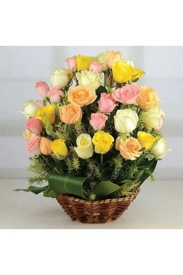 Artful Mixed Roses Arrangement in Round Basket Artful Mixed Roses Arrangement in Round Basket