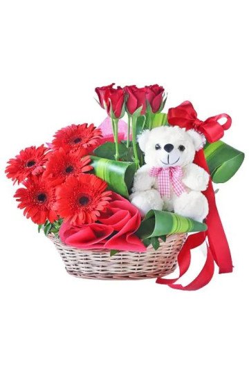 Breath taking Red Gerberas and Roses Basket with Cute Teddy Breath taking Red Gerberas and Roses Basket with Cute Teddy
