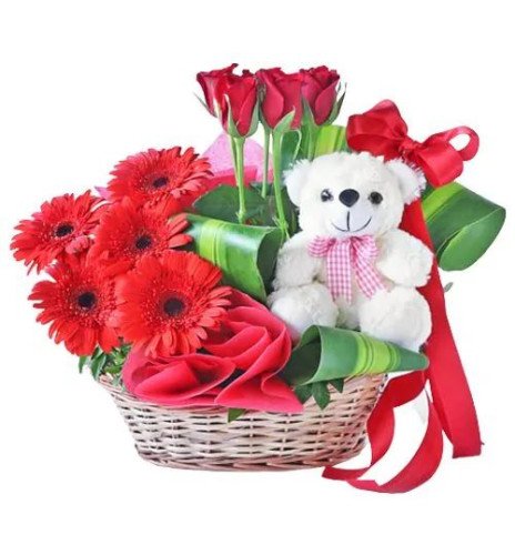 Breath taking Red Gerberas and Roses Basket with Cute Teddy