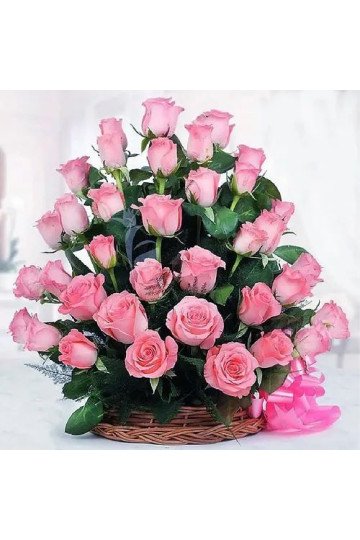 Bright Baskets of Long Stemmed Pink Roses with a Bow Bright Baskets of Long Stemmed Pink Roses with a Bow
