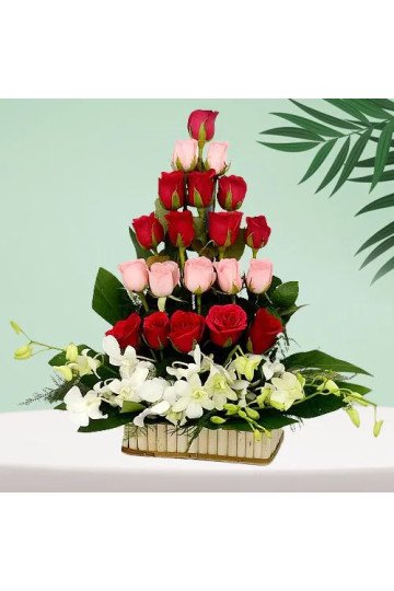 Cheerful Tall Basket Arrangement of Roses N Orchids Cheerful Tall Basket Arrangement of Roses N Orchids