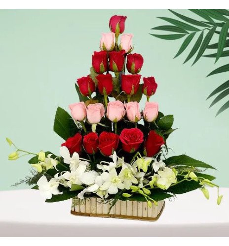Cheerful Tall Basket Arrangement of Roses N Orchids