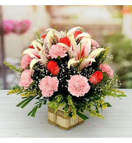 Elegant Full of Carnations Lily N Roses Basket