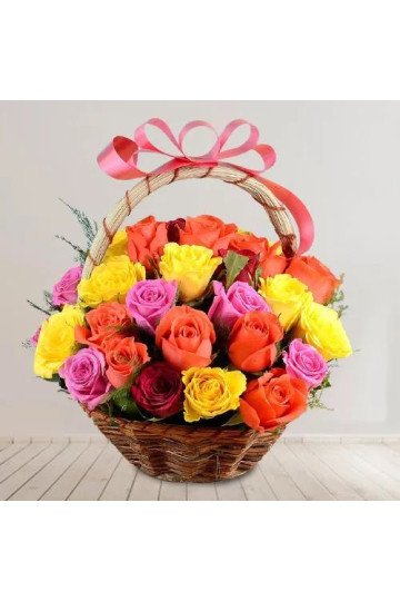Enigmatic Basket of Mixed Color Roses