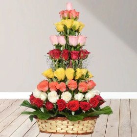 Joyful Collection of Mixed Roses in Tall Rounded Basket Joyful Collection of Mixed Roses in Tall Rounded Basket