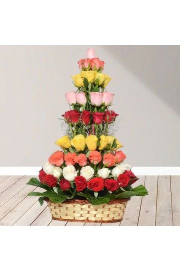 Joyful Collection of Mixed Roses in Tall Rounded Basket