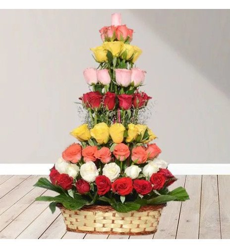 Joyful Collection of Mixed Roses in Tall Rounded Basket