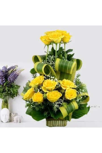 Mesmerizing Basket of Yellow Roses with Greens