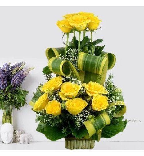 Mesmerizing Basket of Yellow Roses with Greens