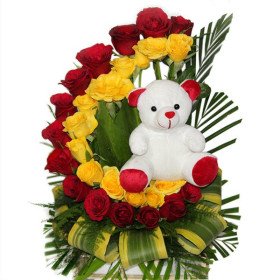 Mixed Roses N Teddy in Basket Mixed Roses N Teddy in Basket