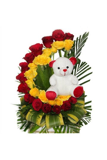 Mixed Roses N Teddy in Basket
