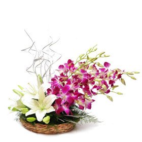 Purple Orchids and White Lily Flowers Basket Purple Orchids and White Lily Flowers Basket