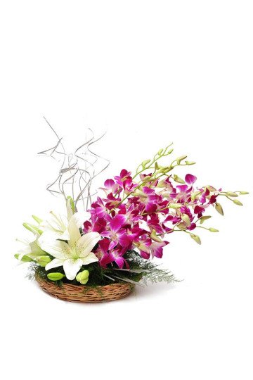 Purple Orchids and White Lily Flowers Basket