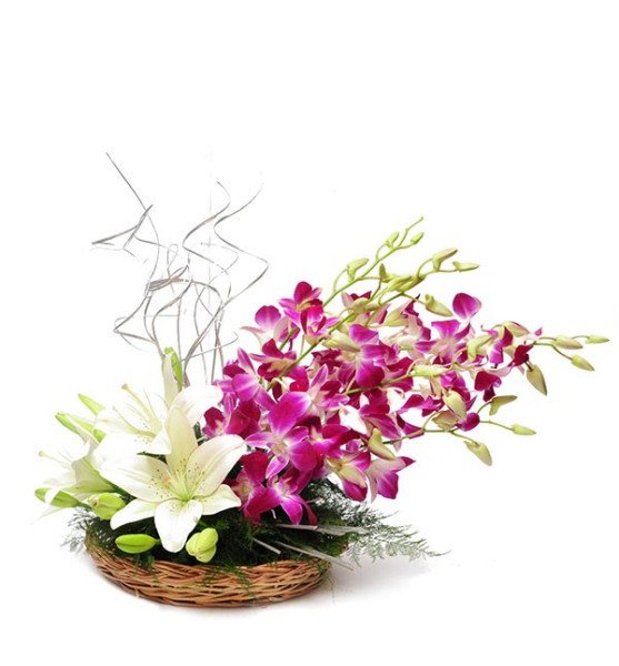 Purple Orchids and White Lily Flowers Basket